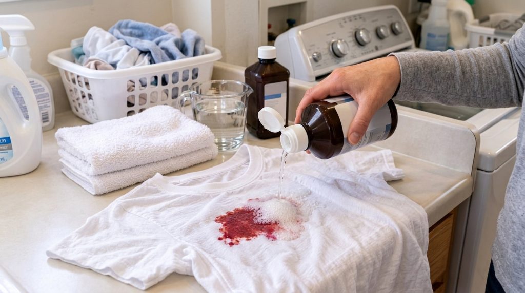 A hand pouring hydrogen peroxide from a brown bottle onto a red stain on a white t-shirt causing it to foam