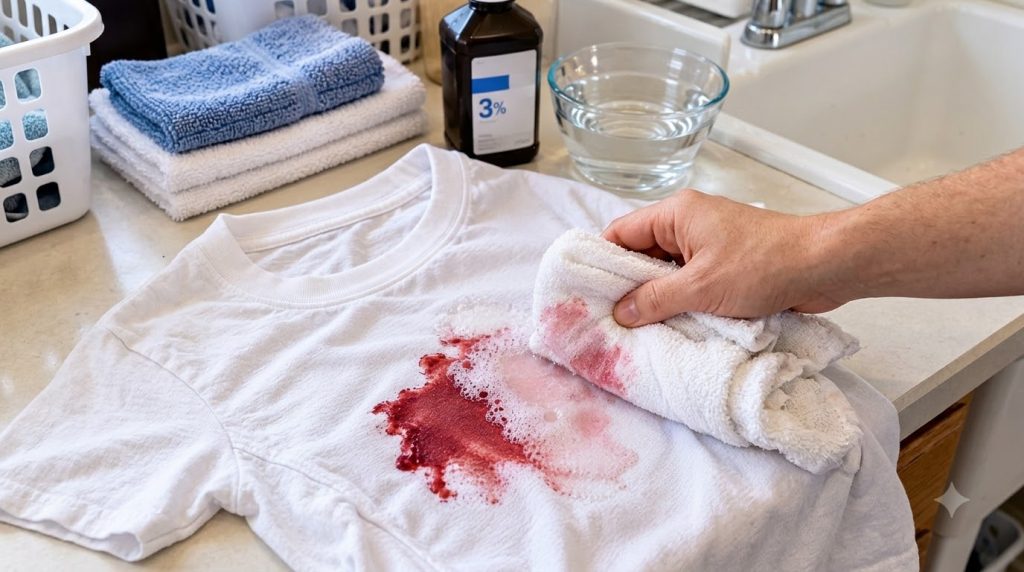 A close-up of a white t-shirt with a red stain being treated with a bubbling solution a hand dabbing with a white cloth 