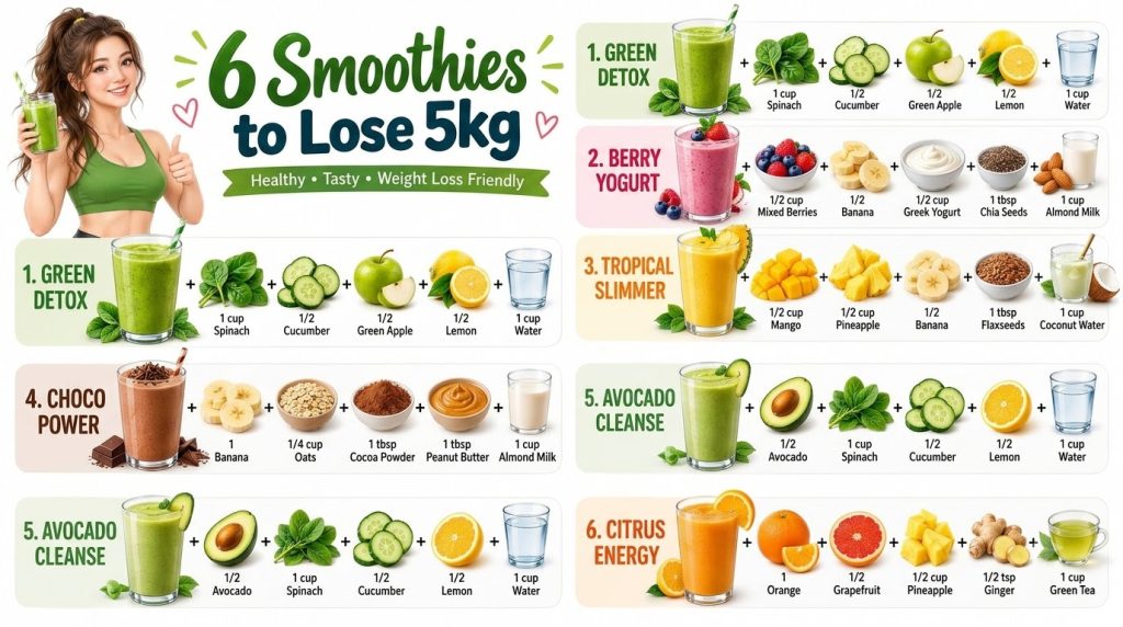 An infographic featuring a smiling woman holding a green smoothie with six distinct smoothie recipes displayed each with
