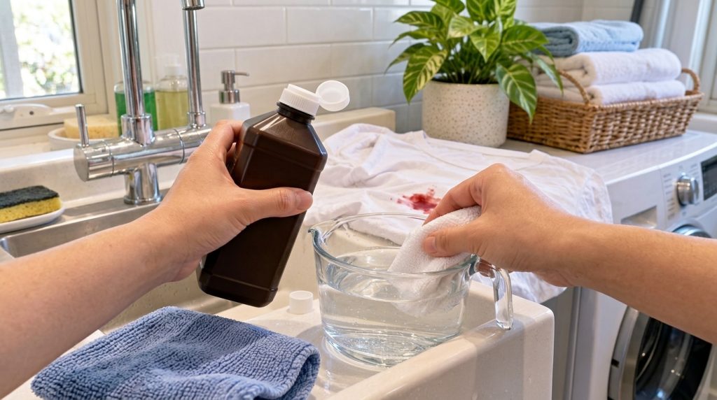 Hands preparing to treat a red stain on a white t-shirt with hydrogen peroxide and water