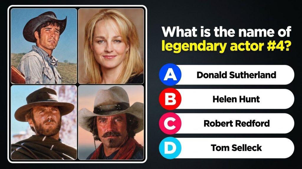 A quiz grid showing four celebrity portraits top-left a young Clint Eastwood in a western top-right Helen Hunt smiling b