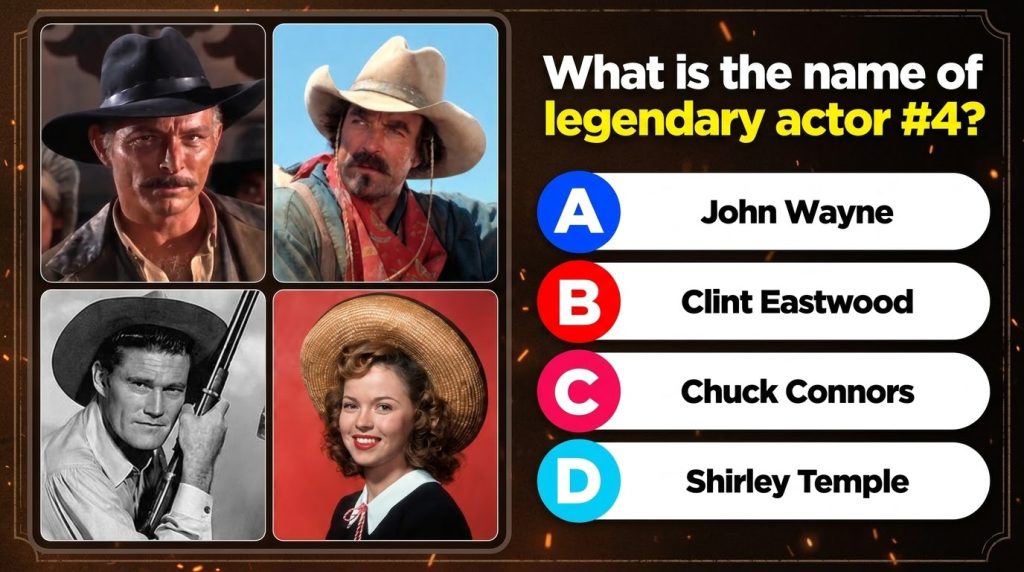A quiz layout showing four portraits of actors with an arrow pointing to the fourth portrait which is Shirley Temple The