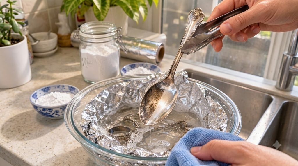 A hand using tongs to remove a partially cleaned silver spoon from a glass bowl containing a bubbly solution aluminum fo