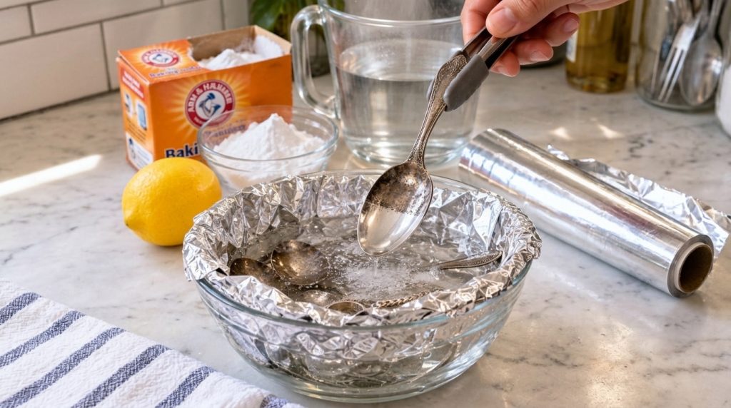 A hand holding tongs immersing a silver spoon into a glass bowl lined with aluminum foil The bowl contains other tarnish