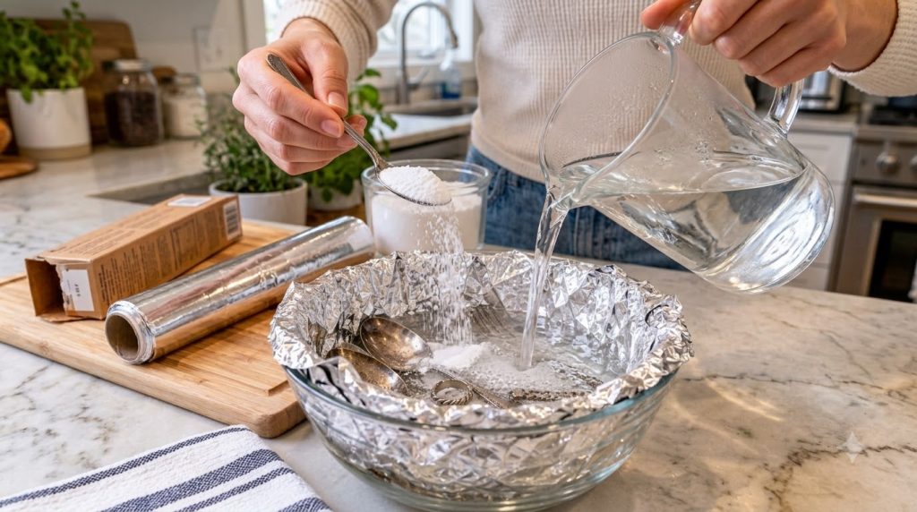 Hands spooning white powder and pouring hot water into a foil-lined glass bowl with tarnished silver items