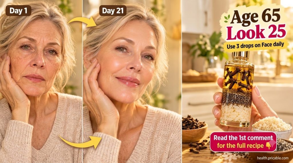 A split-screen showing before-and-after of a woman s face with reduced wrinkles and improved skin next to a hand holding