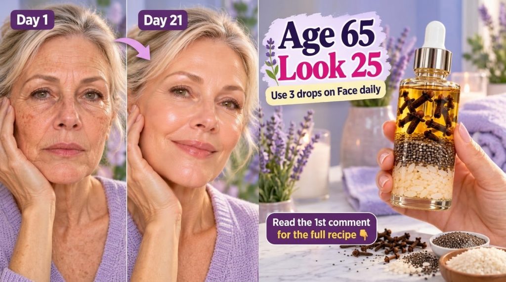 A vertical split image showing a woman s face on the left Day 1 - older appearance Day 21 - younger appearance and on th