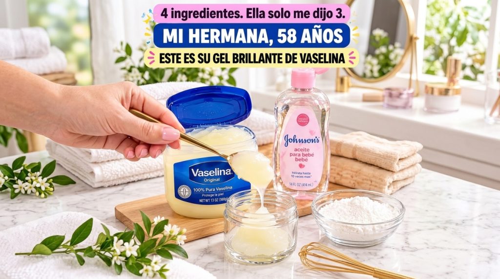 A hand scooping Vaseline from a large jar into a small clear glass container with a bottle of Johnson s baby oil nearby 