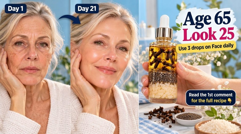 Before and after comparison of a woman s face showing wrinkles and sunspots on Day 1 and smoother radiant skin on Day 21