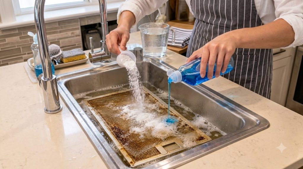 Hands pouring white powder and blue dish soap onto a greasy kitchen hood filter submerged in a sink of hot water