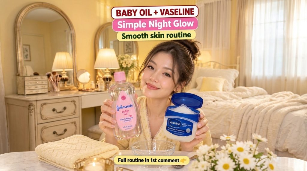 A smiling East Asian woman holding a bottle of Johnson s Baby Oil and a tub of Vaseline Original Protecting Jelly with b