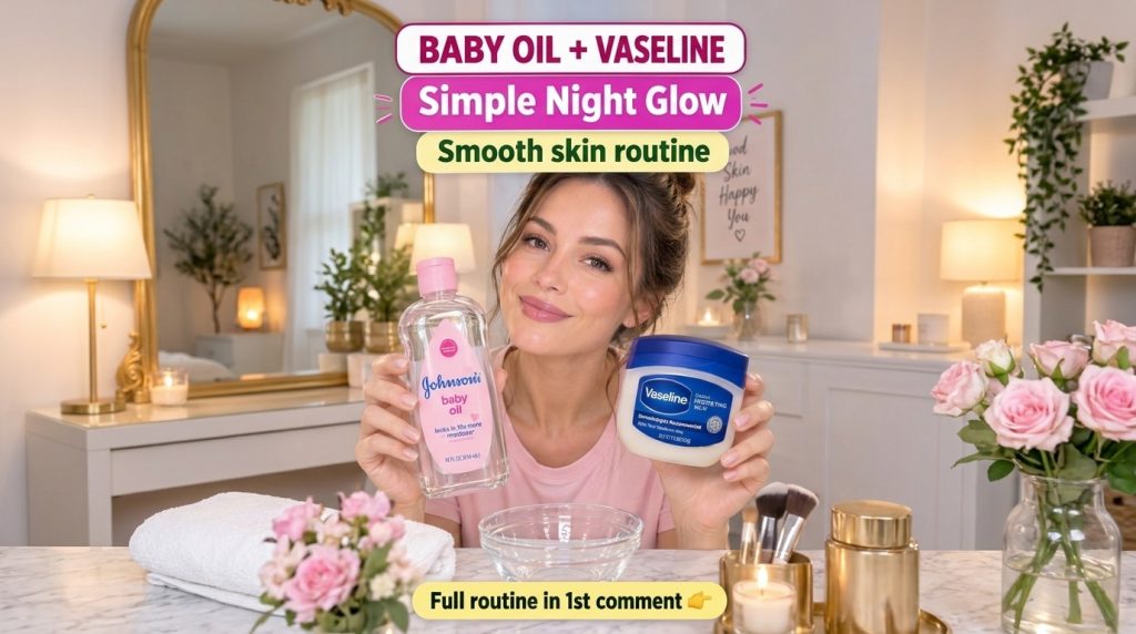 A woman smiling and holding a bottle of baby oil and a jar of Vaseline in a cozy bathroom or bedroom setting with soft l