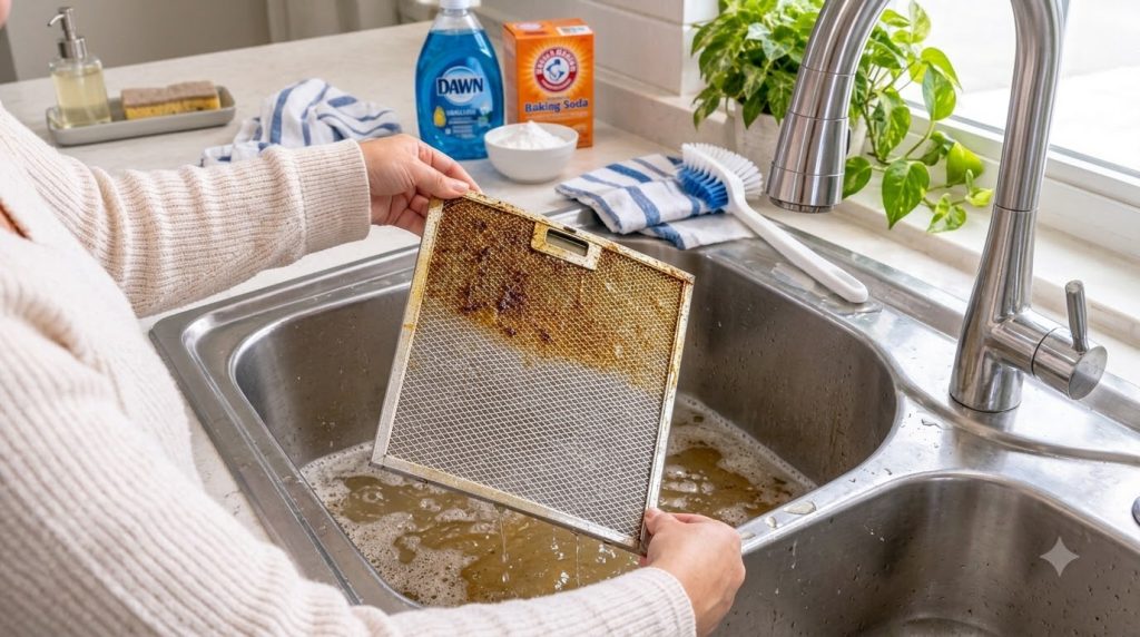 A person s hands holding a heavily greased range hood filter over a kitchen sink filled with murky soapy water A scrub b
