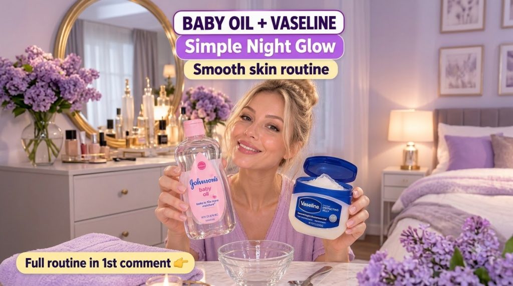 A smiling woman holding a bottle of Johnson s baby oil and a tub of Vaseline with a clear glass bowl spoon purple towel 