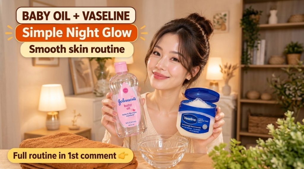 A smiling woman holding a bottle of Johnson s Baby Oil and a jar of Vaseline Original Protecting Jelly with radiant skin
