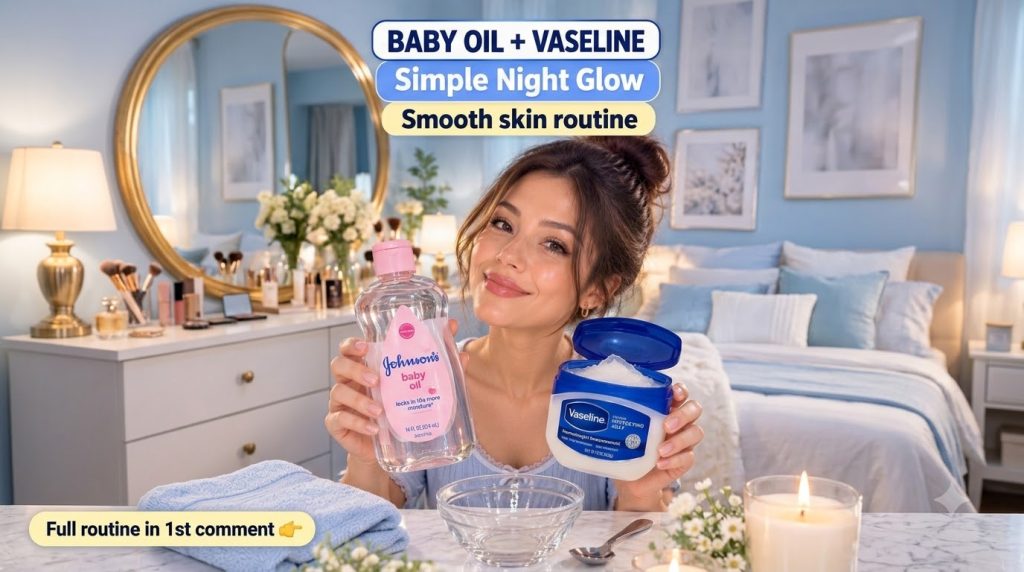 A smiling woman holding Johnson s Baby Oil and Vaseline with a glass bowl and spoon in a warm inviting bedroom setting
