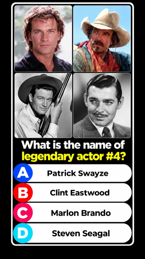 A quiz layout with four portrait photographs of legendary actors arranged in a 2x2 grid The top-left shows Patrick Swayz