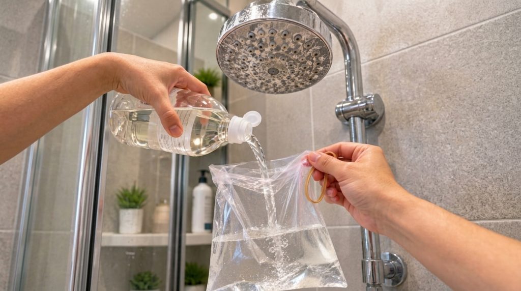 Hands pouring clear liquid vinegar from a bottle into a plastic bag that is secured around a calcified shower head
