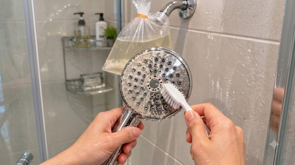 A person s hands scrubbing a calcified shower head with a white brush with a plastic bag filled with liquid tied around 