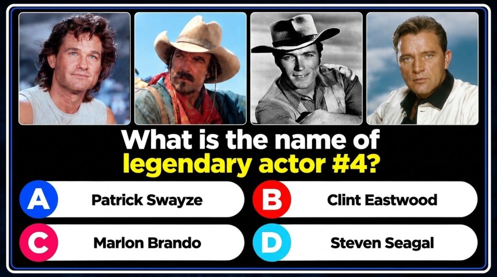 A vertical format movie trivia quiz grid featuring portraits of four legendary actors Kurt Russell Tom Selleck Clint Eas