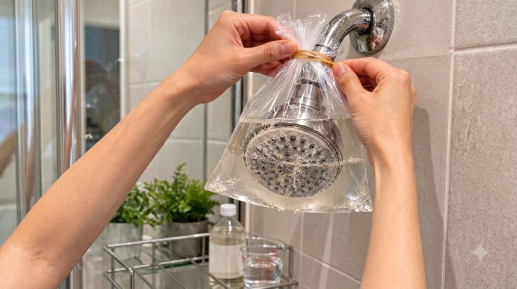 A person s hands holding a clear plastic bag filled with a cleaning solution around a dirty shower head effectively subm
