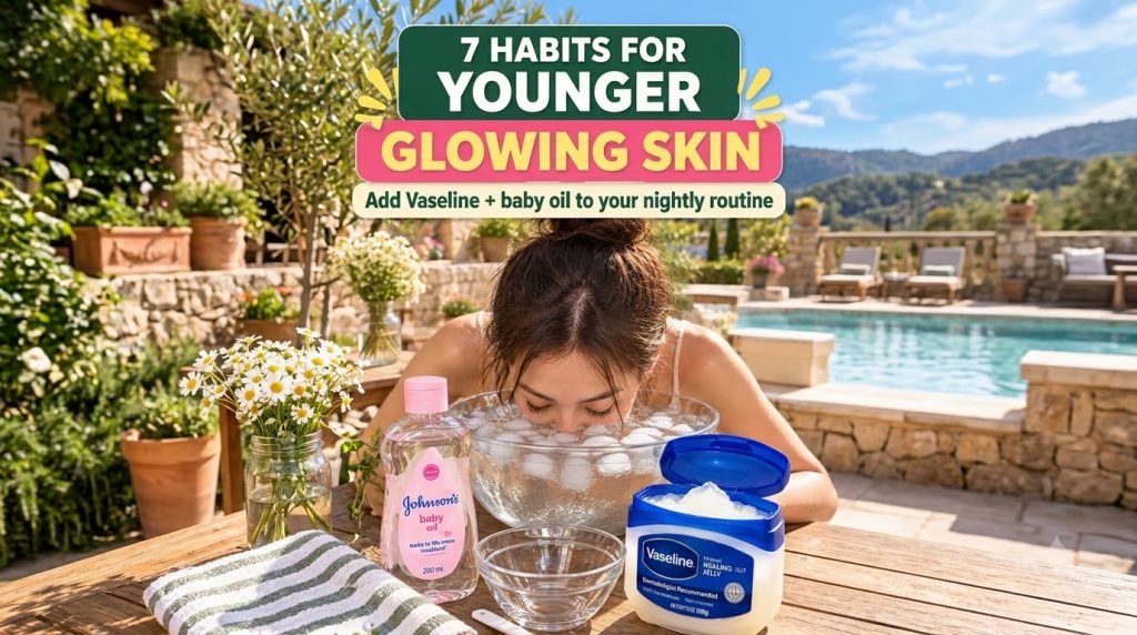 A person s face submerged in a clear glass bowl filled with ice water with bottles of Vaseline and baby oil on a wooden 