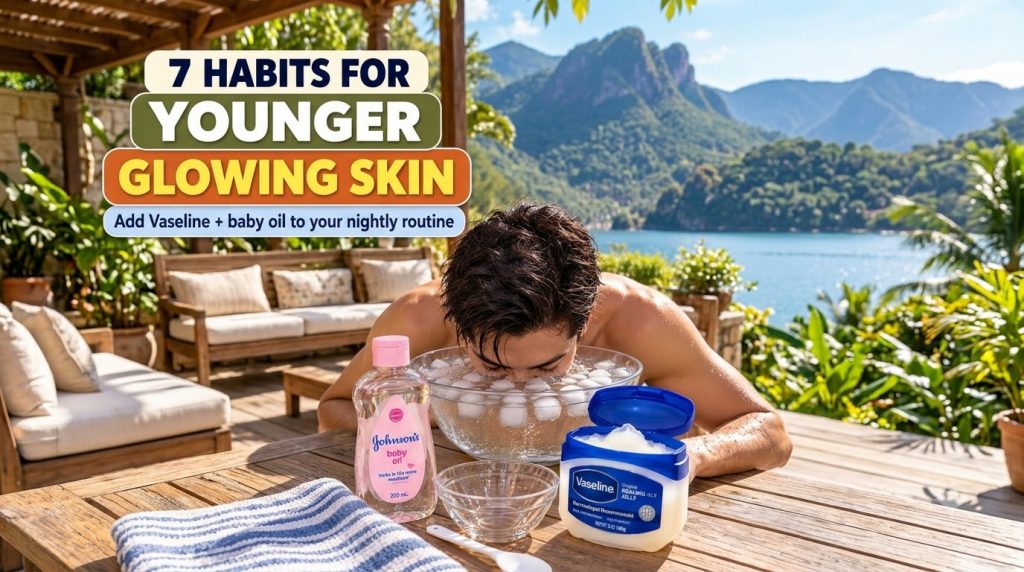 A person s face submerged in a bowl of ice water on a wooden table with Vaseline and baby oil containers nearby in a ser