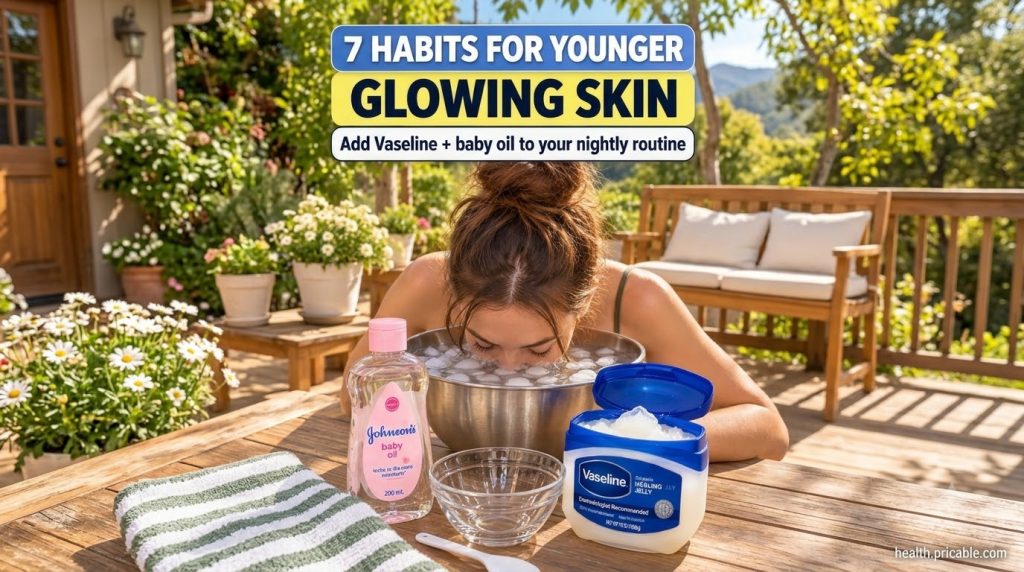 A person submerging their face into a bowl of ice water with Vaseline and baby oil bottles placed neatly on a wooden tab
