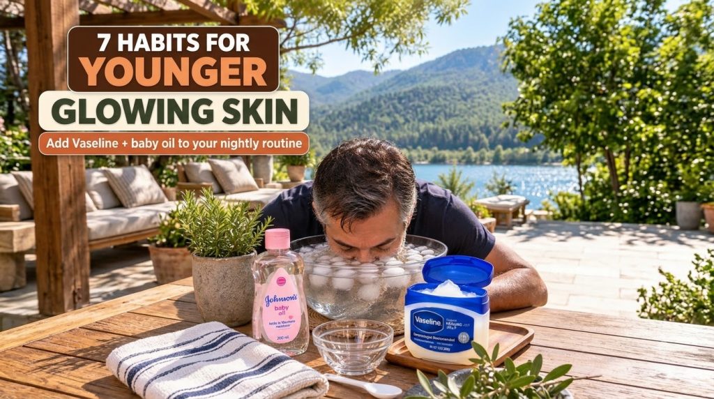 A person submerging their face into a bowl of ice water with a jar of Vaseline and a bottle of baby oil visible on a woo