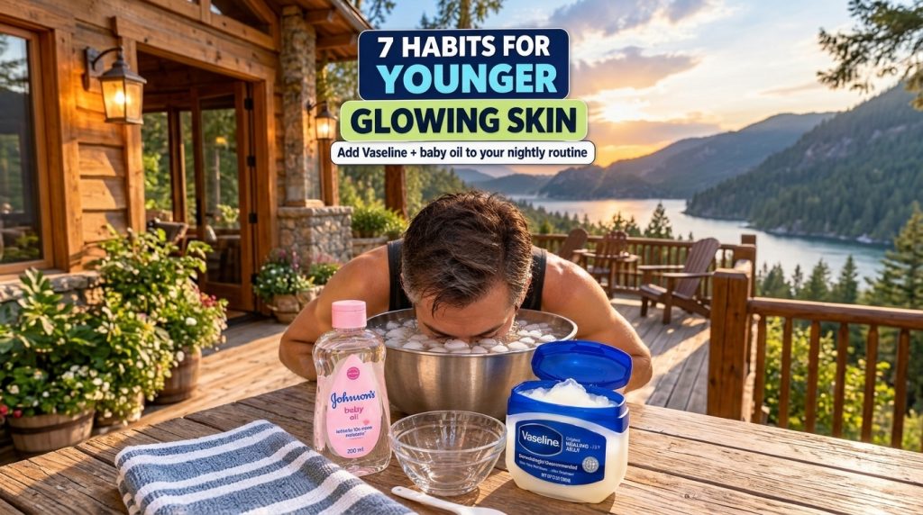 A man immersing his face into a bowl of ice and water on a wooden table with bottles of Johnson s baby oil and Vaseline 