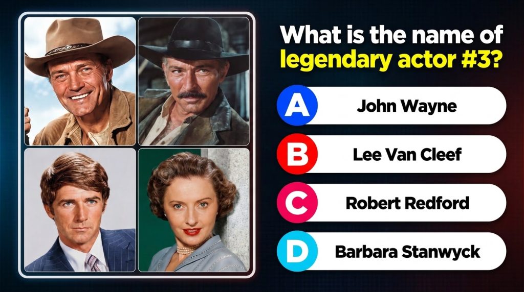 A quiz graphic showing four portraits of classic Hollywood actors John Wayne top-left Lee Van Cleef top-right Robert Red
