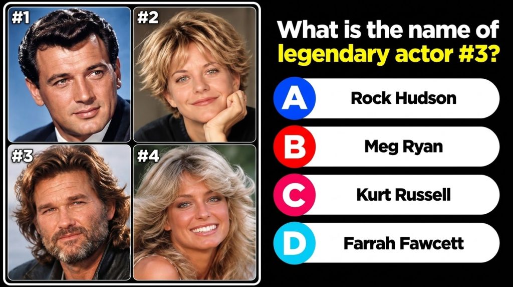 A 2x2 grid of four celebrity headshots Rock Hudson Meg Ryan Kurt Russell and Farrah Fawcett Below the grid a question as