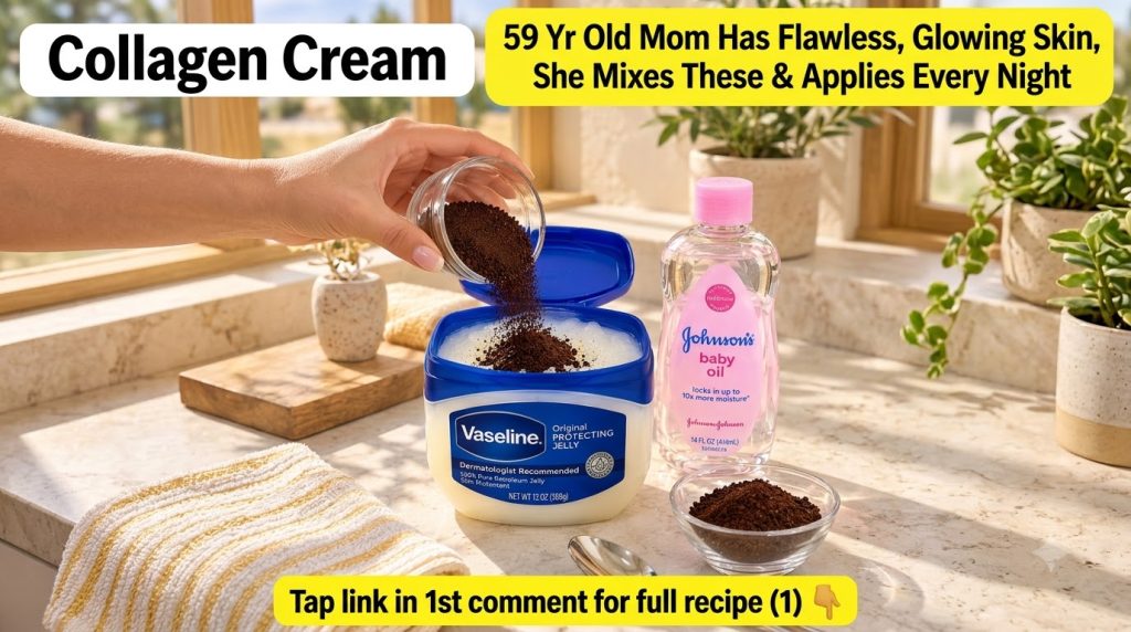 A hand pouring fine coffee grounds into an open tub of Vaseline petroleum jelly on a clean countertop