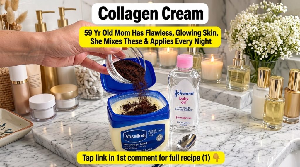 A hand pouring dark granular powder into a tub of Vaseline with a bottle of baby oil and a spoon nearby on a marble surf