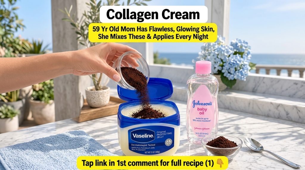 A close-up of a hand pouring coffee grounds from a glass bowl into an open tub of Vaseline with baby oil and a spoon nea