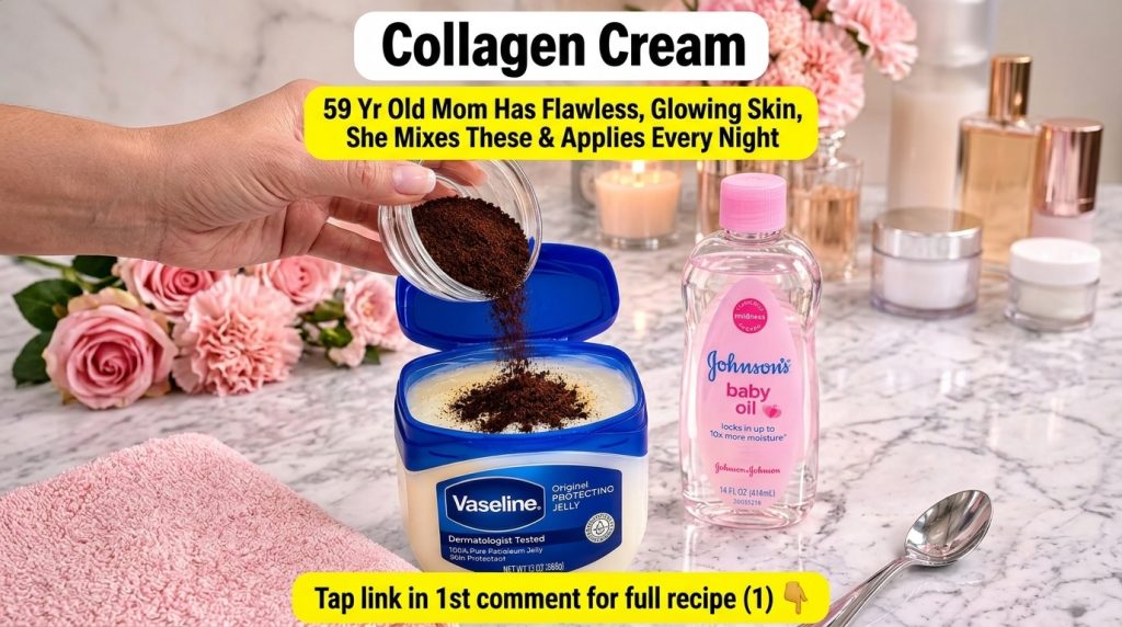 A hand pouring coffee grounds into a jar of Vaseline with baby oil in the background set in a cozy natural beauty enviro