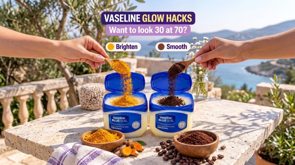Hands mixing turmeric powder into a tub of Vaseline and coffee grounds into another tub of Vaseline with fresh turmeric 