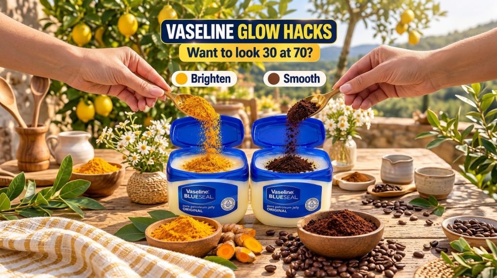 Hands pouring turmeric powder into Vaseline and coffee grounds into Vaseline surrounded by natural ingredients on a rust