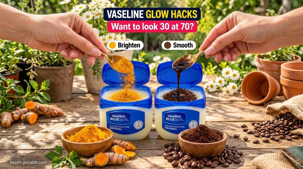 Two open Vaseline jars on a wooden table one with turmeric powder being mixed in alongside turmeric roots and the other 