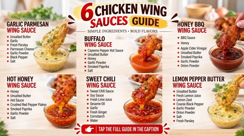 A vibrant guide to six different chicken wing sauces Each section features a crispy chicken wing being dipped into a bow