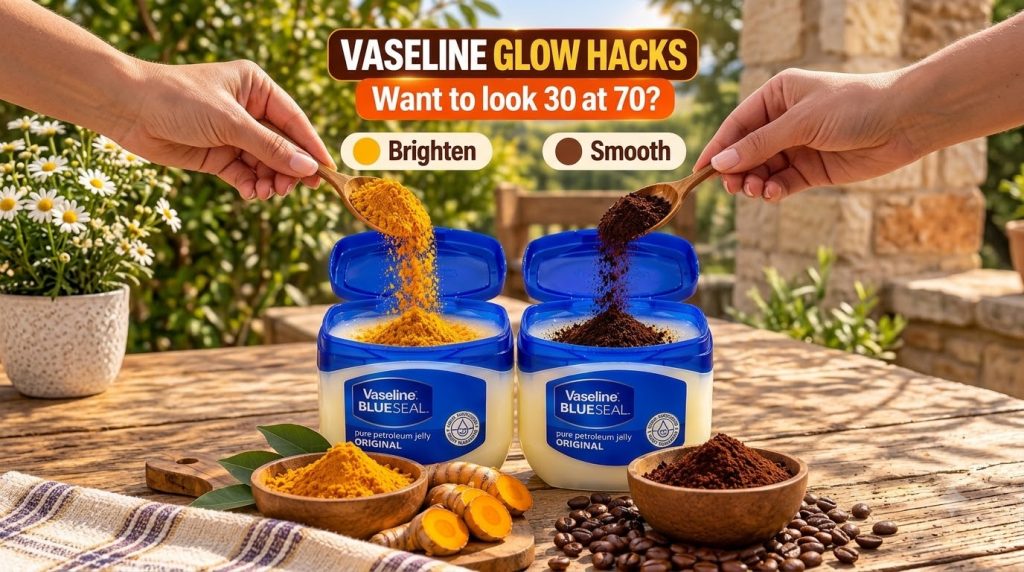 Two hands mixing turmeric and coffee grounds into separate tubs of Vaseline BlueSeal Petroleum Jelly on a wooden table w