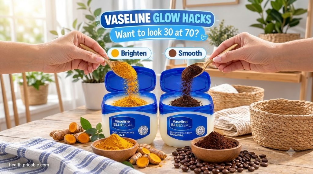 Two hands mixing turmeric powder into Vaseline in one tub and coffee grounds into Vaseline in another tub with raw ingre
