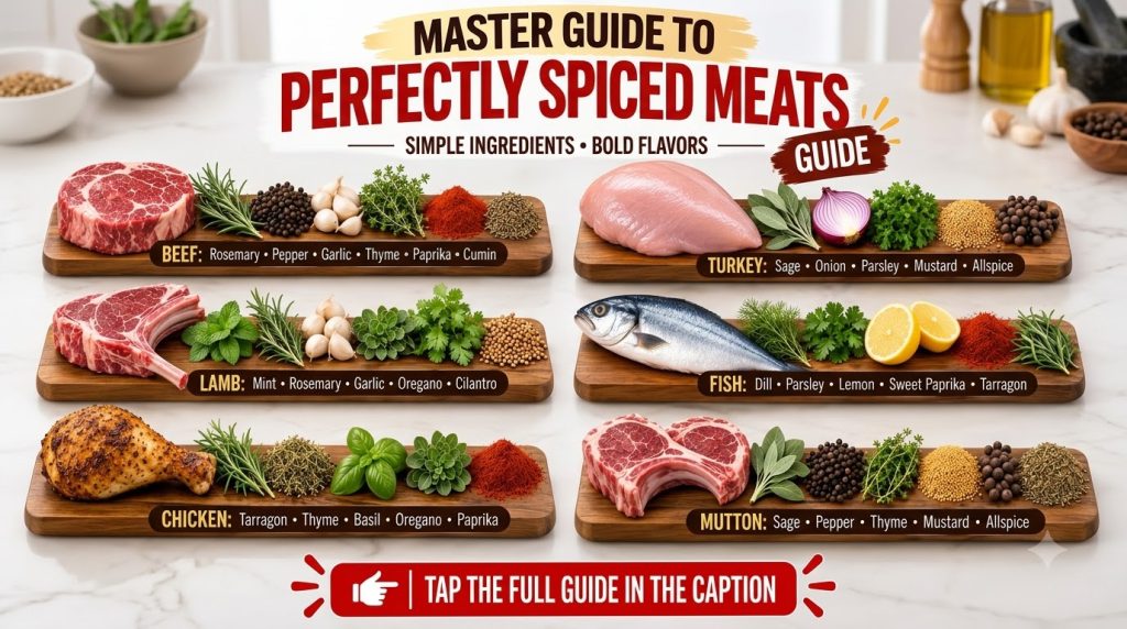 A visual master guide showing different raw meats like beef lamb chicken turkey fish and mutton each paired with complem