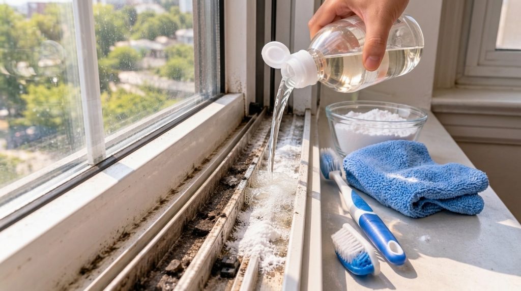 A hand pouring clear vinegar onto baking soda in a dirty window track creating a fizzing reaction Small cleaning brushes
