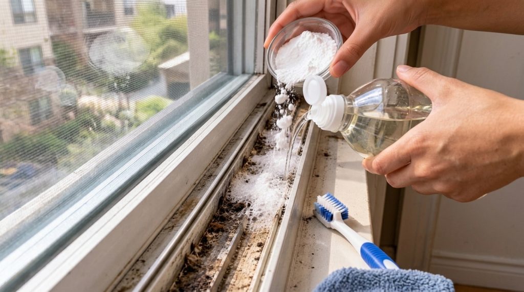 A hand pouring white powder baking soda into a dirty window track followed by another hand pouring clear liquid vinegar 