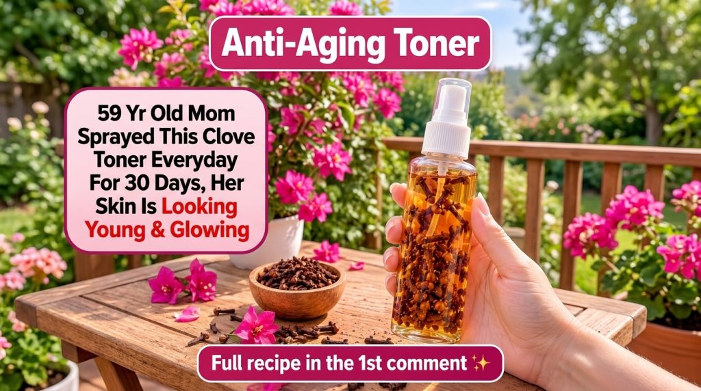 A hand holding a clear spray bottle filled with golden clove toner and whole cloves with a wooden bowl of cloves on a wo