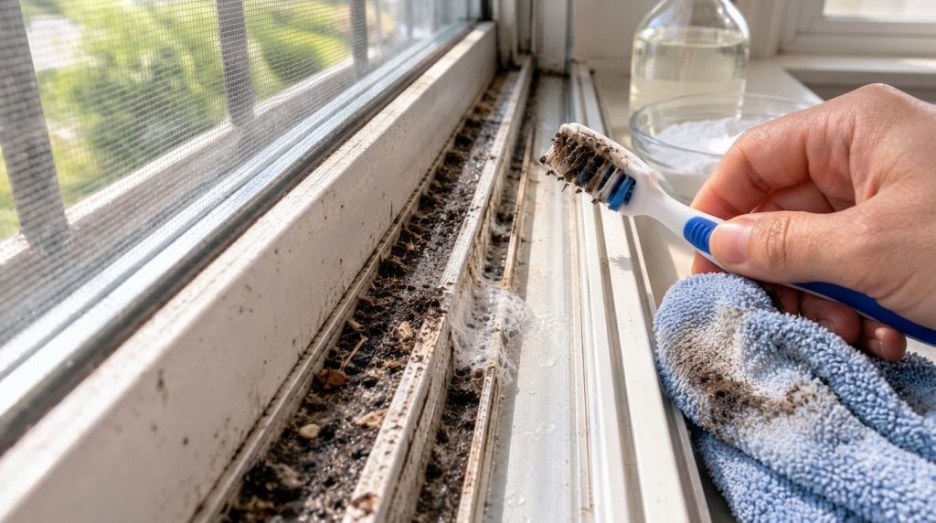 A hand using a toothbrush to scrub a soiled window sill track covered in cleaning foam and baking soda paste