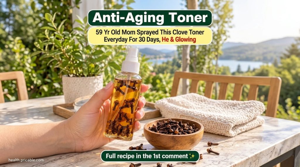 A hand holding a clear spray bottle filled with golden clove liquid with a background of green foliage and water A woode
