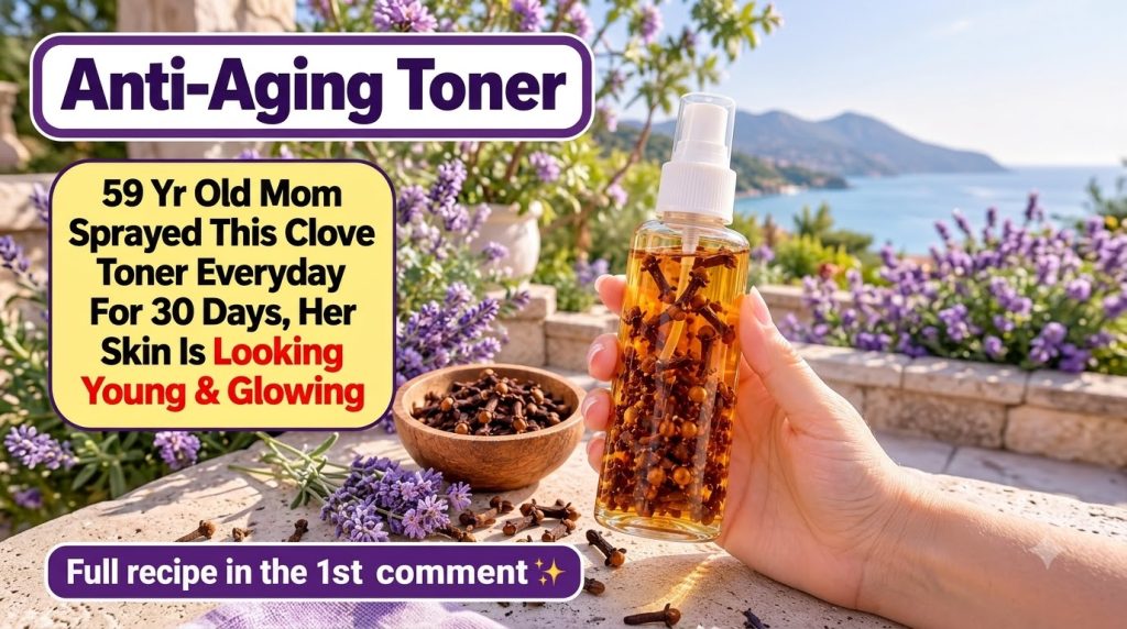 A hand holding a clear spray bottle filled with golden clove-infused liquid In the foreground a wooden bowl contains clo