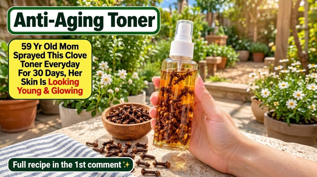 A hand holding a clear spray bottle filled with golden clove toner liquid and whole cloves Beside it a wooden bowl full